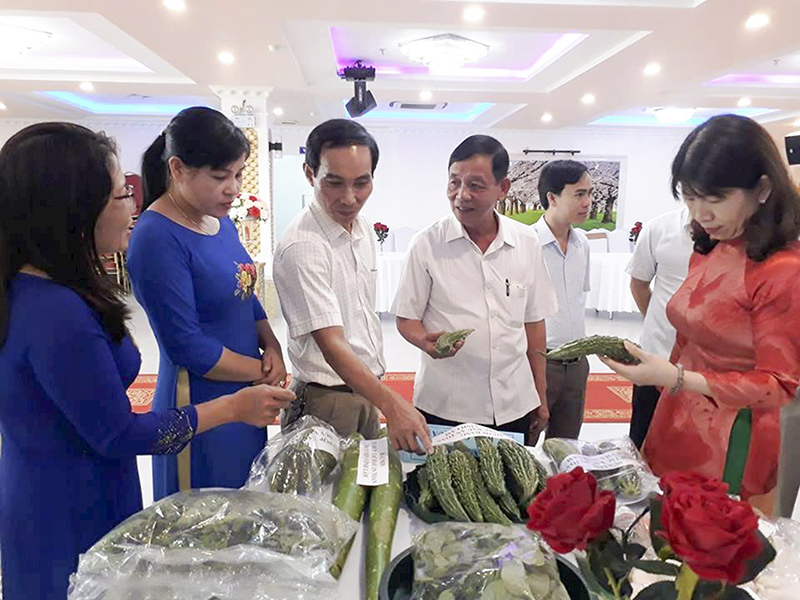 Giới thiệu các sản phẩm của hội viên phụ nữ Vĩnh Linh tại hội nghị kết nối cung cầu tiêu thụ sản phẩm từ các mô hình do phụ nữ sản xuất. Ảnh: Mỹ Hằng