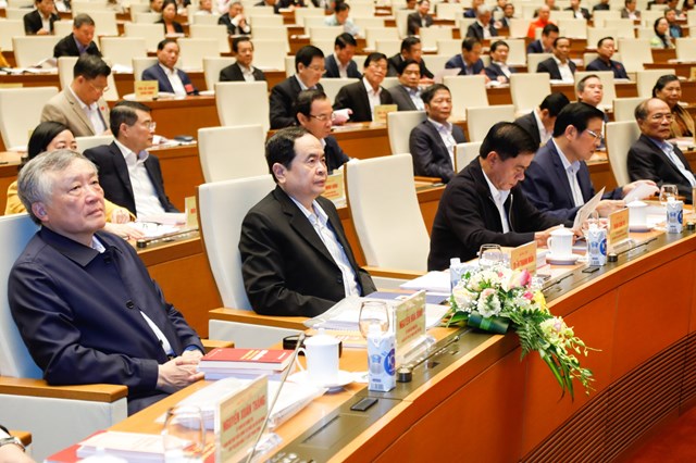 Ủy viên Bộ Chính trị, Chủ tịch UBTƯ MTTQ Việt Nam Trần Thanh Mẫn cùng các đại biểu tham dự hội nghị. (Ảnh: Quang Vinh).