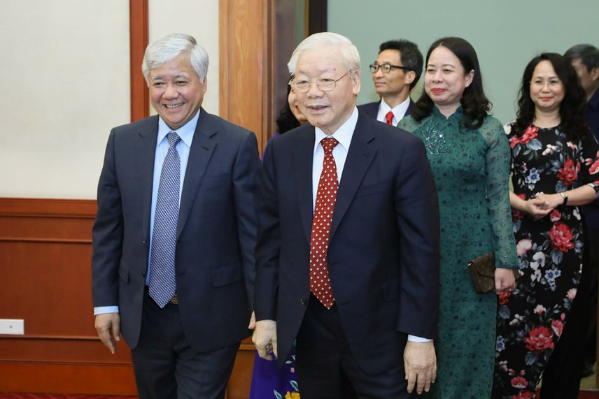 Tổng Bí thư Nguyễn Phú Trọng và các lãnh đạo Đảng, Nhà nước, MTTQ Việt Nam tham dự buổi gặp mặt.