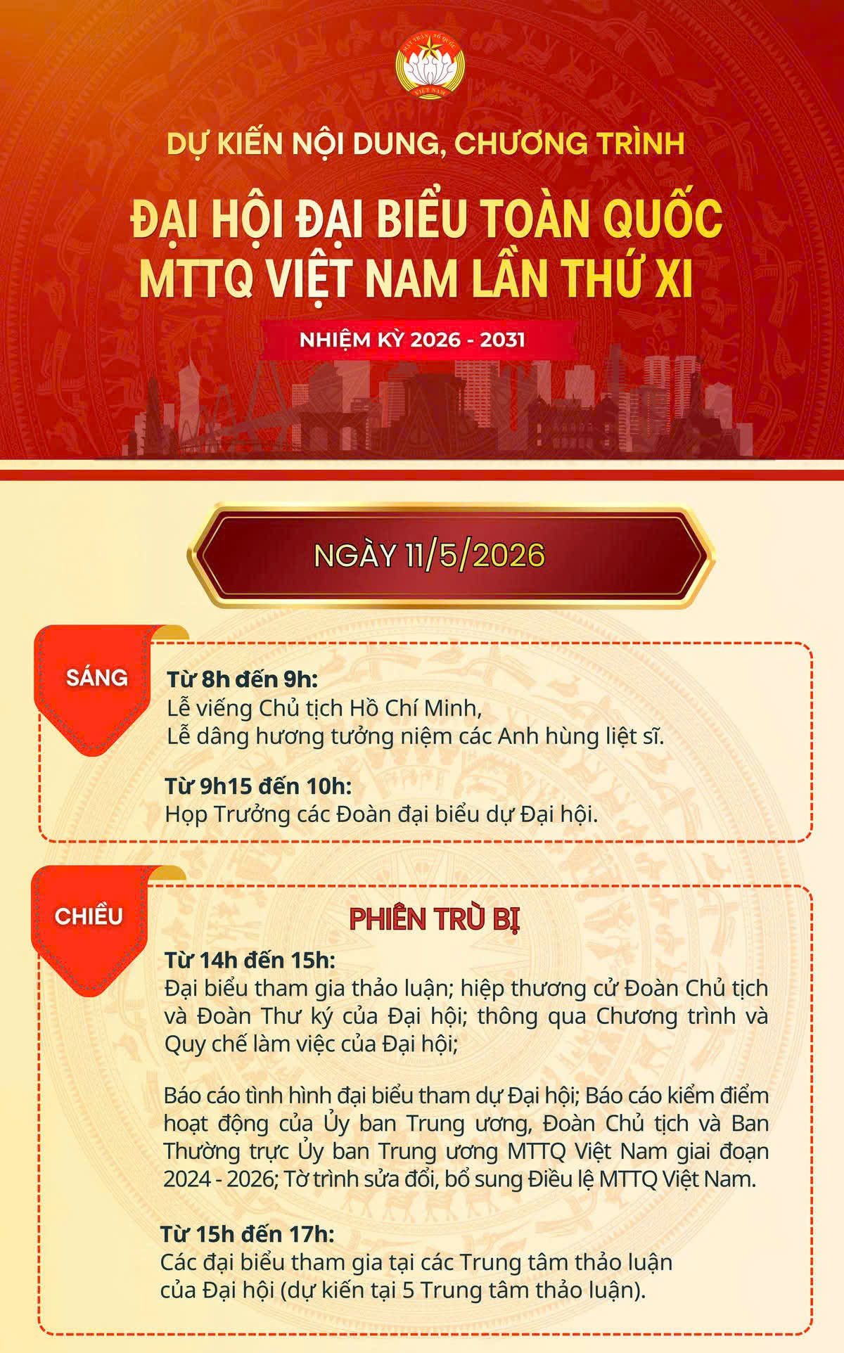 Dự kiến nội dung, chương trình Đại hội đại biểu toàn quốc Mặt trận Tổ quốc Việt Nam lần thứ XI