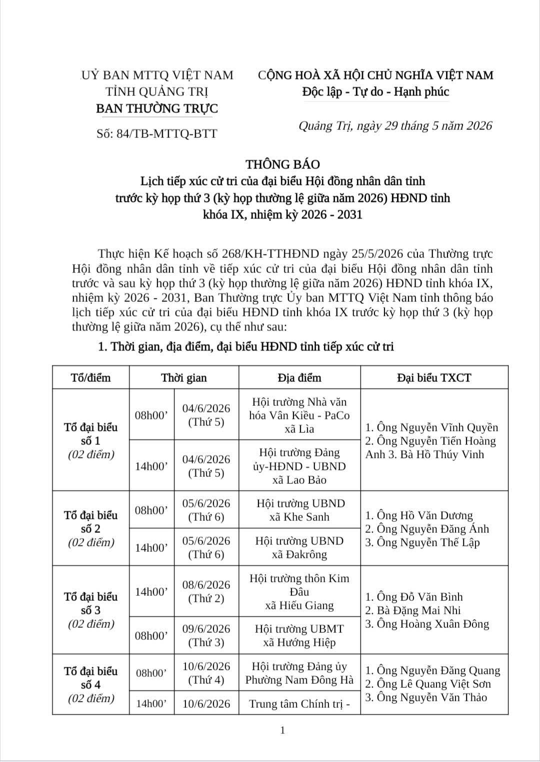 LỊCH TIẾP XÚC CỬ TRI