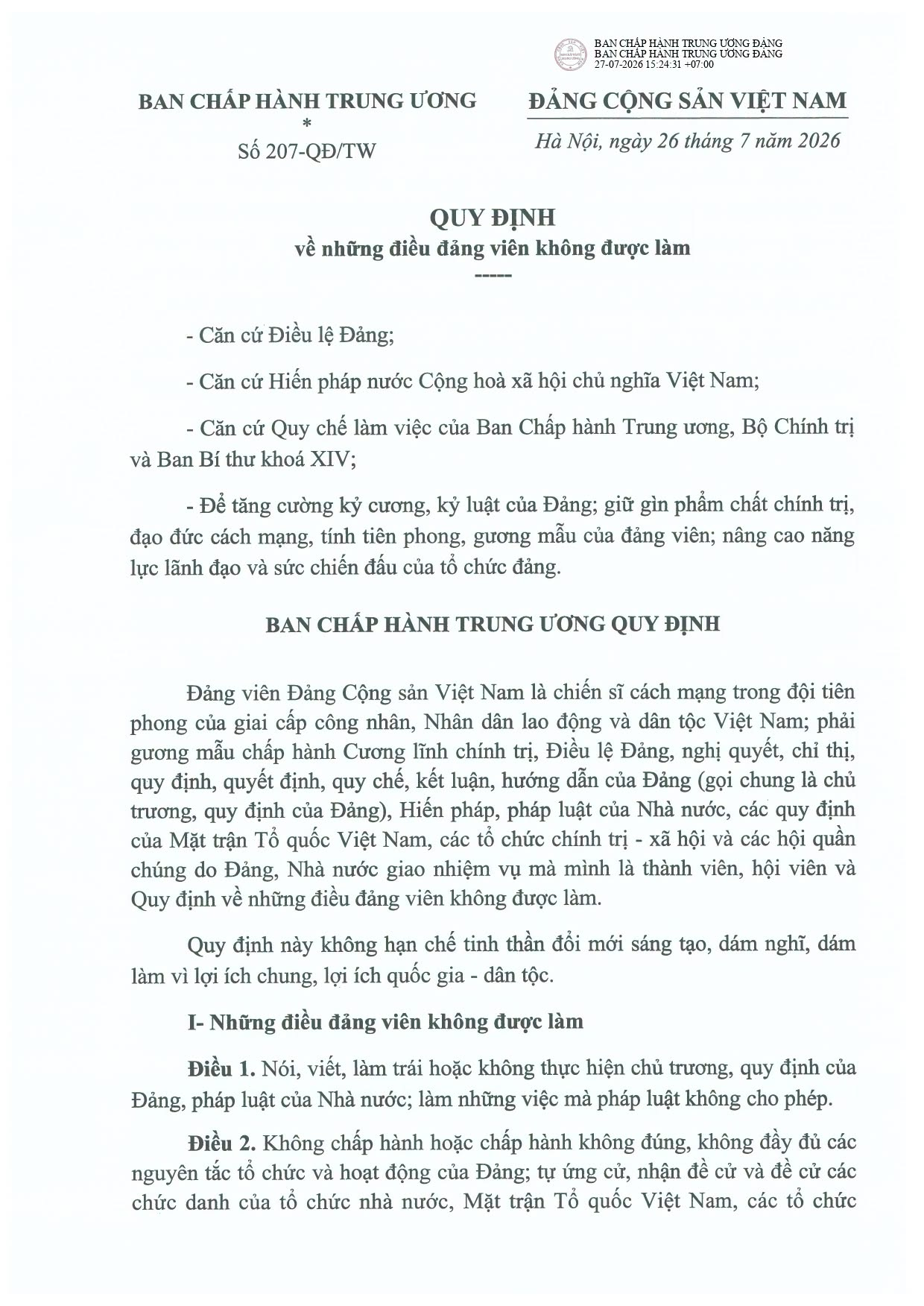 Quy định 207-QĐ/TW của Ban Chấp hành Trung ương Đảng về những điều Đảng viên không được làm