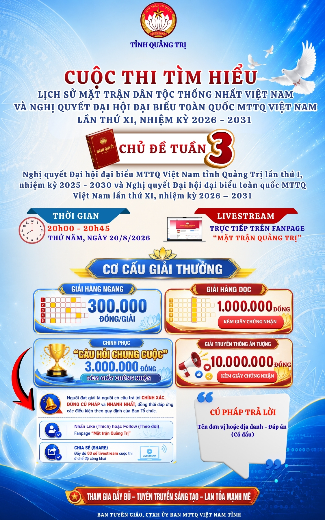 Tuần 3 với chủ đề “Nghị quyết Đại hội đại biểu MTTQ Việt Nam tỉnh Quảng Trị lần thứ I, nhiệm kỳ 2025 – 2030 và Nghị quyết Đại hội đại biểu toàn quốc MTTQ Việt Nam lần thứ XI, nhiệm kỳ 2026 – 2031”.